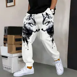 2024 New Fashion 3D Wolf Print Matching Color Sweatpants Winter Thick Warm Pants Men Loose Casual Pocket Drawstring Sweatpants