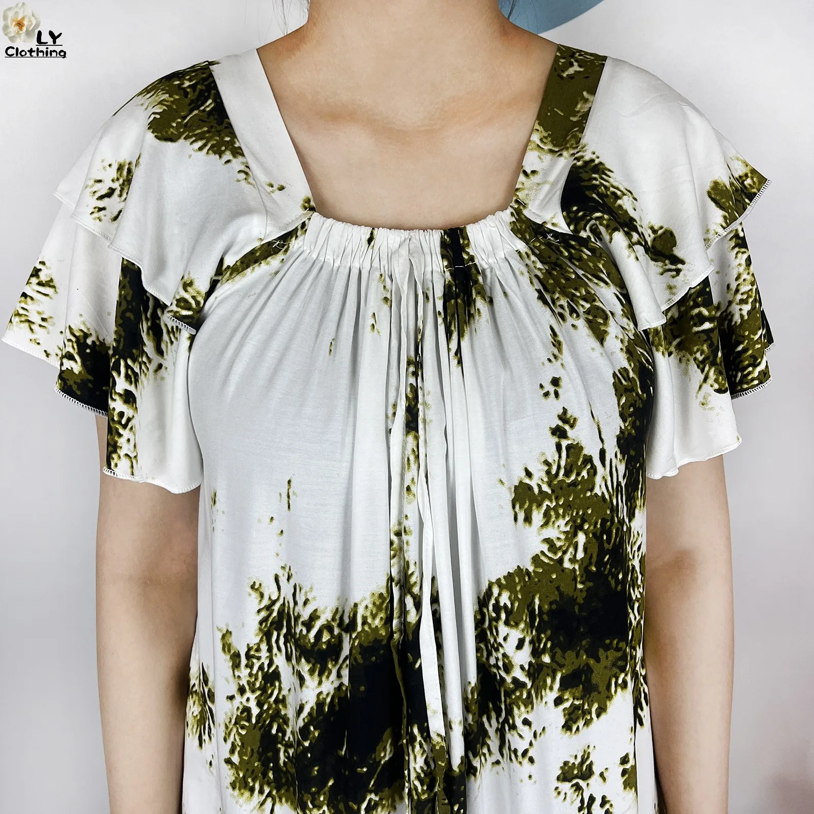2026Fashion Elegant Dress Tie-dye Cotton Dubai Abaya Women Dress Boat-Neck Short Sleeve Loose Long Maxi Casual African Clothing 5