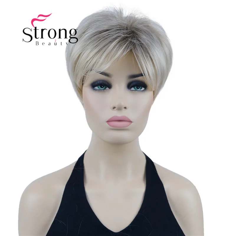 

StrongBeauty Short Straight Wig for Women Blonde Ombre w/ Brown Roots Full Synthetic Wigs for women
