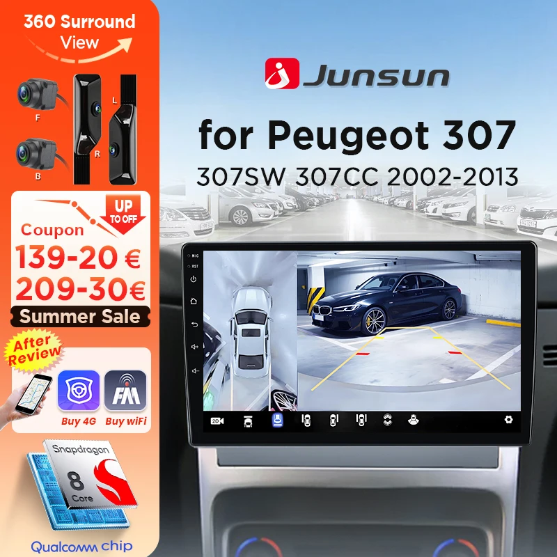 Junsun 360 °   Panoramakamera 8-Kern-Autoradio für Peugeot 307 307CC 307SW 2002-2013 Kabelloses CarPlay Android Auto GPS Navi 2 Din