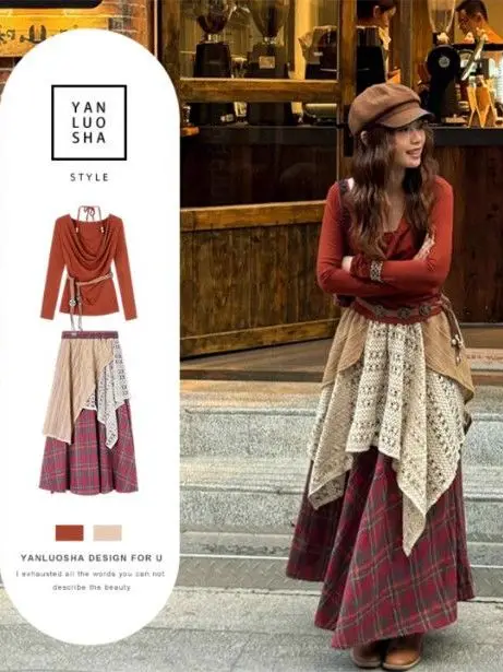 

2026 Spring Fashion Red Neck Hanging Top And Plaid Skirt Two-Piece Set for Women Breathable Polyester Korean Style