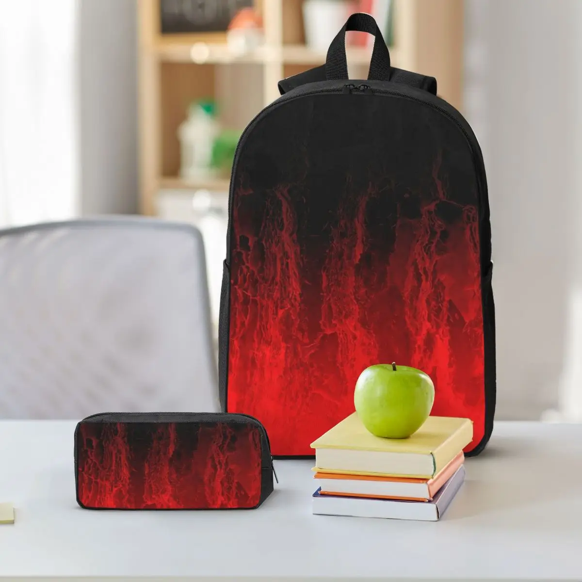 Red Fire Flame Backpack Student BookBag School Bag Shoulder Bags 3ps Insulated Lunch Bag Pencil Case