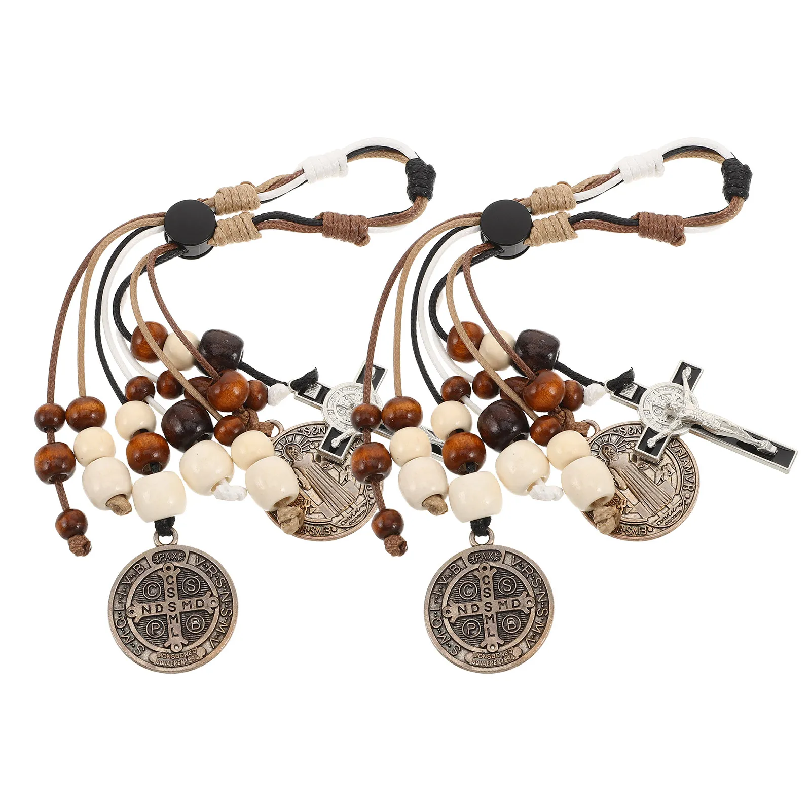 2Pcs Saint Benedict Cross Hanging Charm Handmade Rosary Beads Crucifix Ornament Catholic Religious Decor Car Rearview Mirror