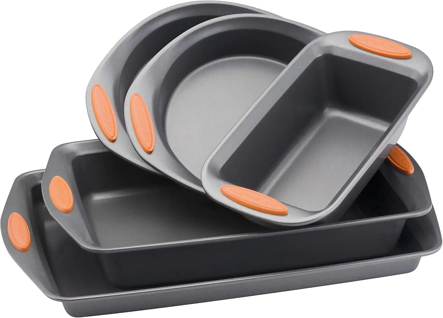 

Nonstick Bakeware Set with Grips: 5-Piece Gray and Orange Baking Pans, Bread Pan, Cake Pans
