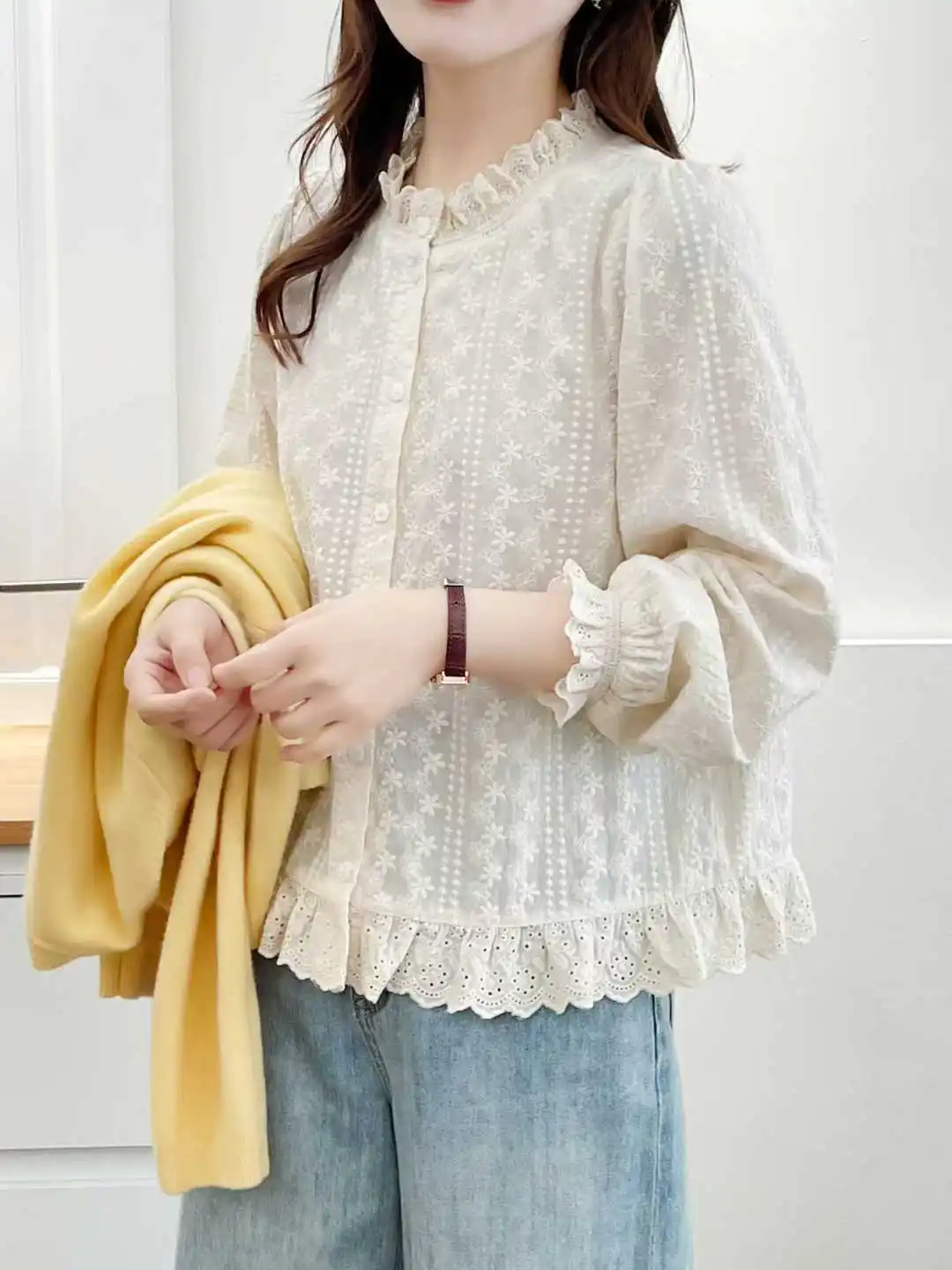 

Новая хлопковая блузка с длинным рукавом Весна 2026, женская, с рюшами, вышивкой и пэчворком, в стиле ретро, универсальная, свободного кроя