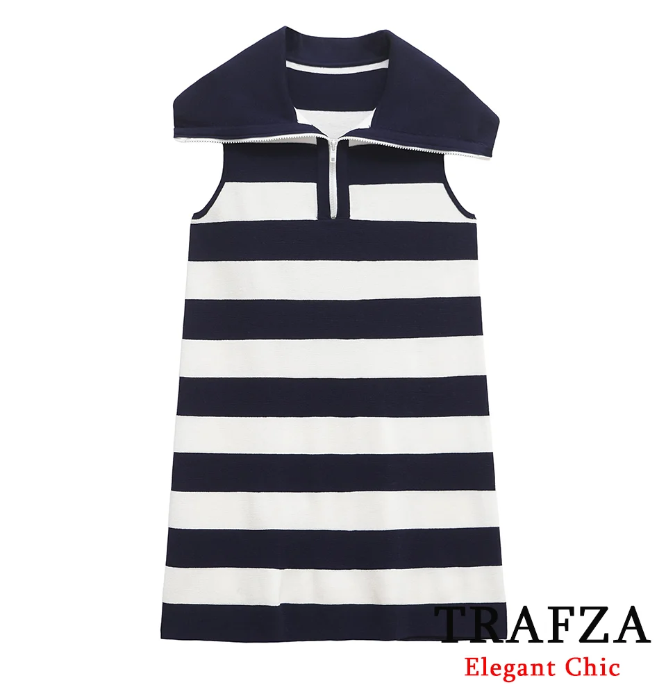 

TRAFZA-Women Casual Stripe Dress Sleeveless Lapel Short Dress 2025 New Summer Fashion Elegant Simple Versatile Daily Dress