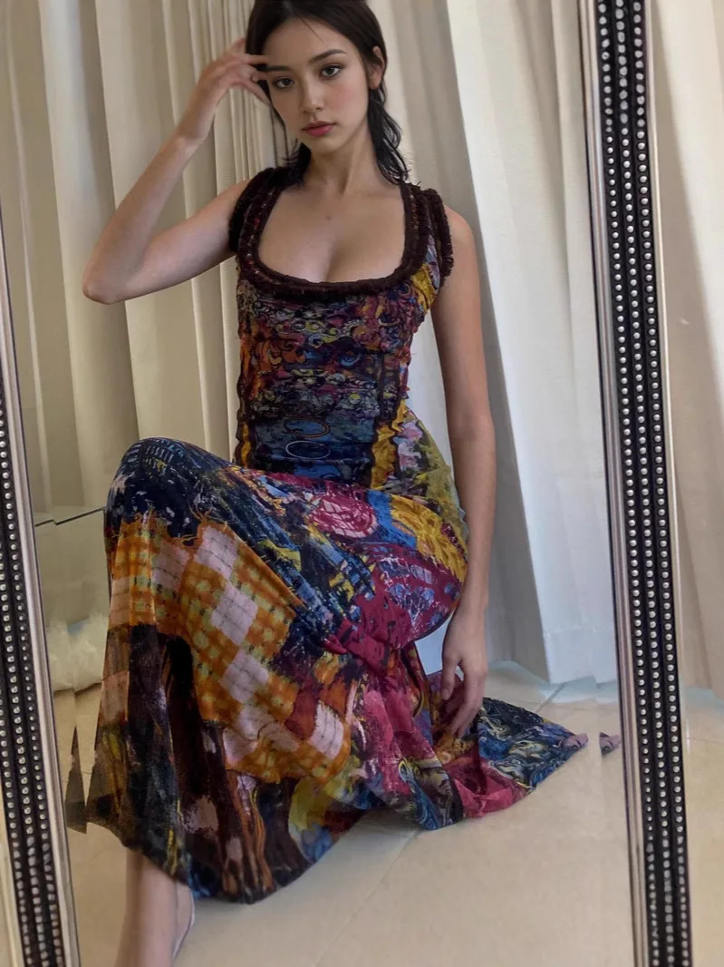 Women's Vintage Oil Painting Print Bodycon Dress Sexy Backless Cut-out Maxi Skirt Slim Fit Slip Dress