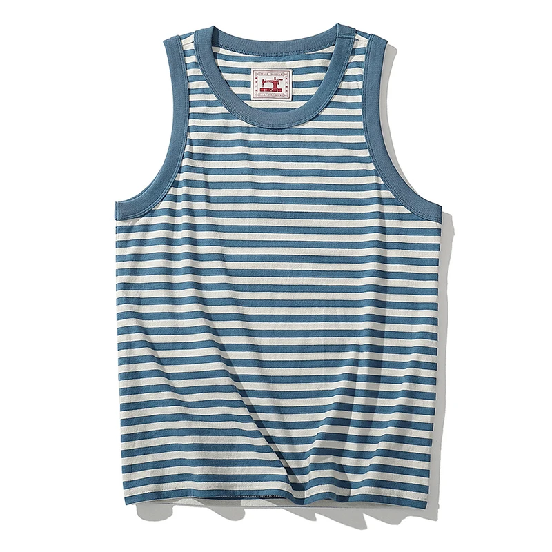 Amekaji Vintage Breton Striped Tank Top Summer Men Lightweight Cotton Color Block Crew Neck Loose Vest Sailor Sleeveless T-Shirt