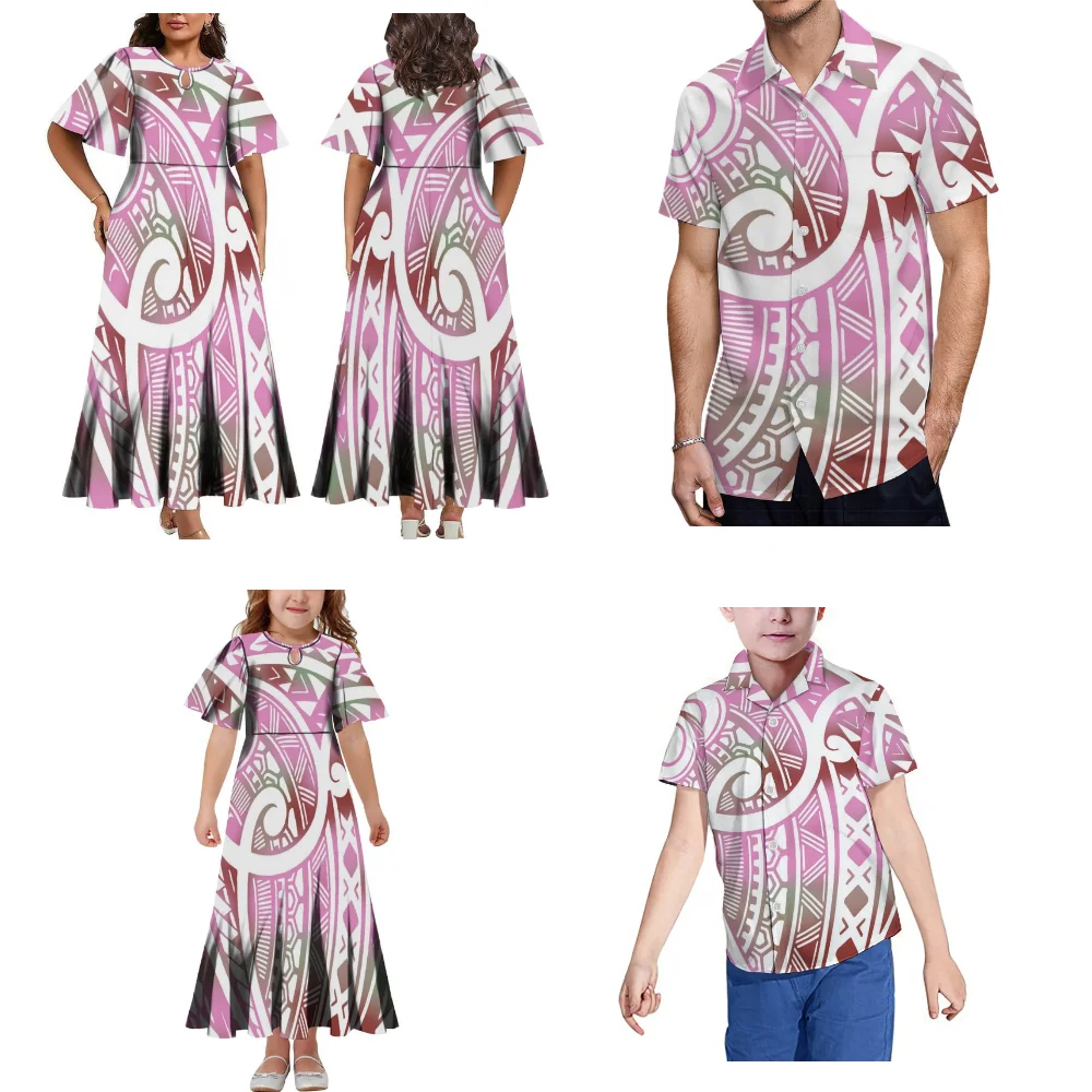 Tribal Print Polynesian Family Gathering Set Parent-Child clothing Mother Daughter Dress Father Son Shirt Pacific Islands