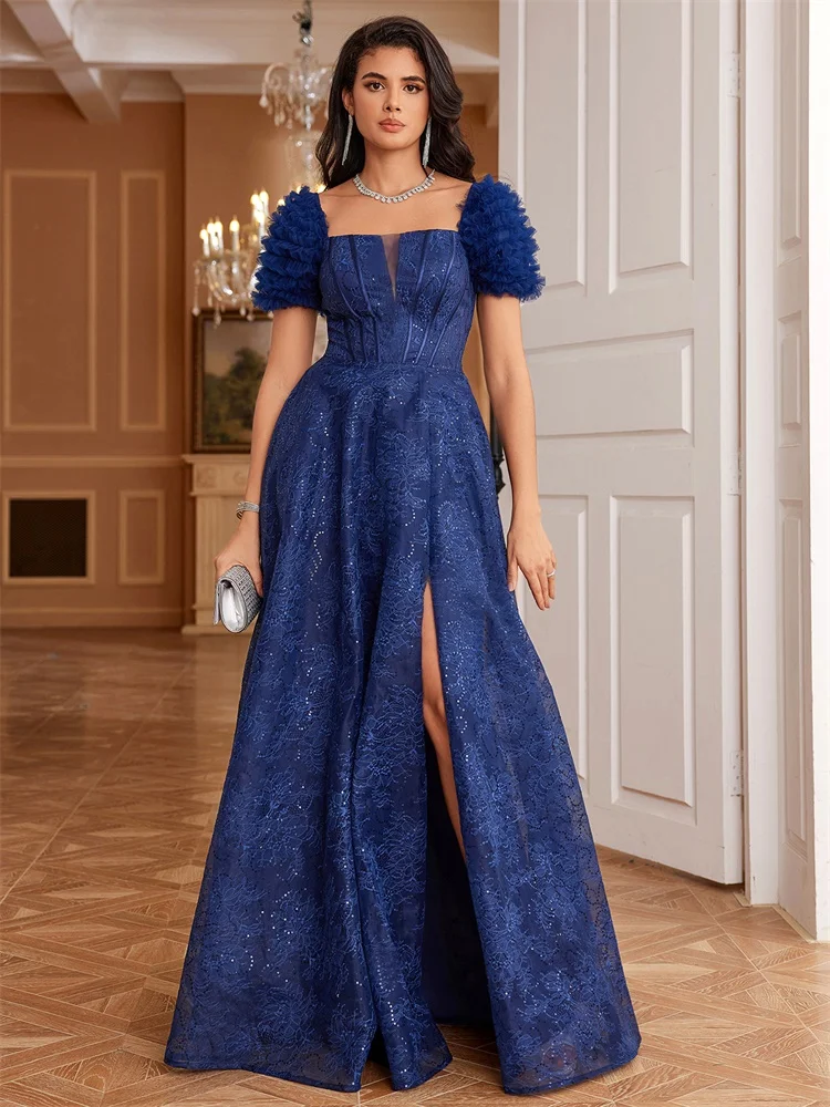 BLUE PLUM Elegant Short Sleeve Blue Sequin Evening Dress Women Luxury Split Wedding Party Prom Cocktail Dresses Gown