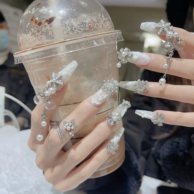 5/10 Uds. De dijes colgantes de cristal para decoración de uñas de aleación de lujo 3D, accesorios de cadena de perlas para decoración de uñas, suministros de manicura de diseño