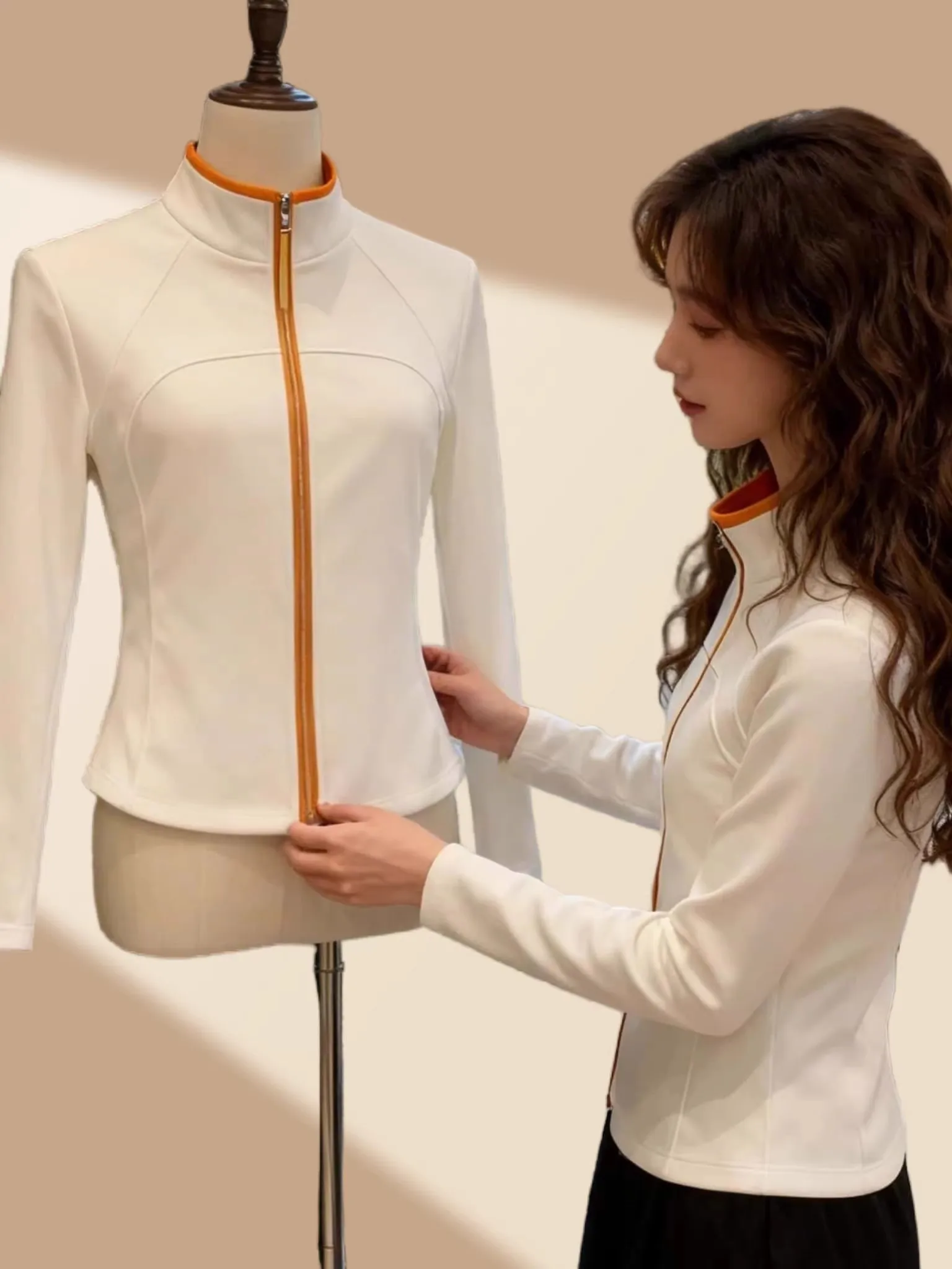 

Women's Zipper Short Sleeveless Stand Collar Long Sleeve Spring Autumn Slim Fit Color Block Contrast Zipper Open Cardigan Top
