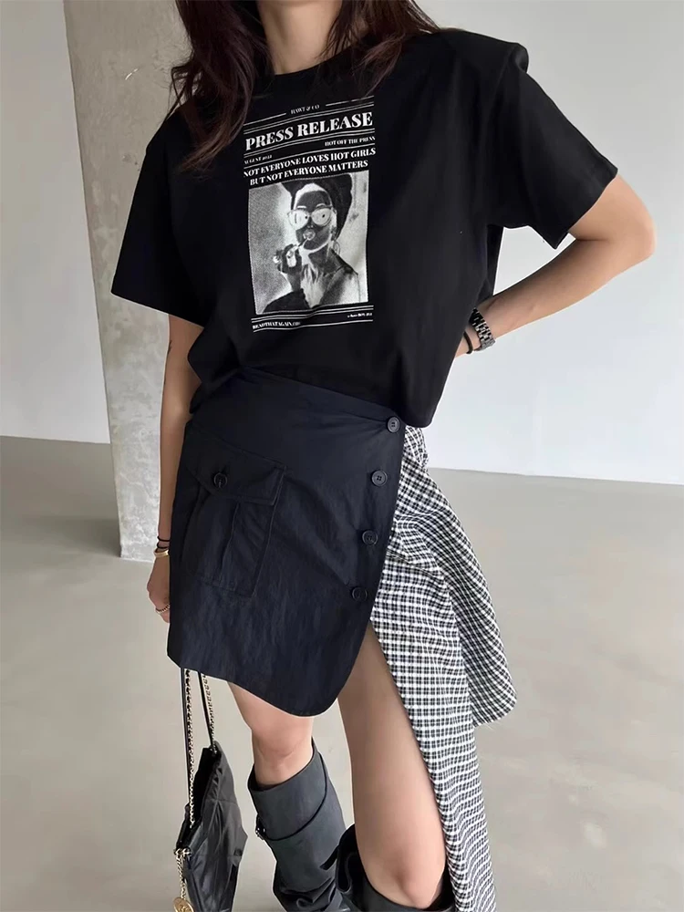 

Liangliang футболка с мультяшным буквенным принтом, женская летняя новая винтажная персонализированная лоскутная клетчатая неравномерная юбка, комплект неравномерной юбки