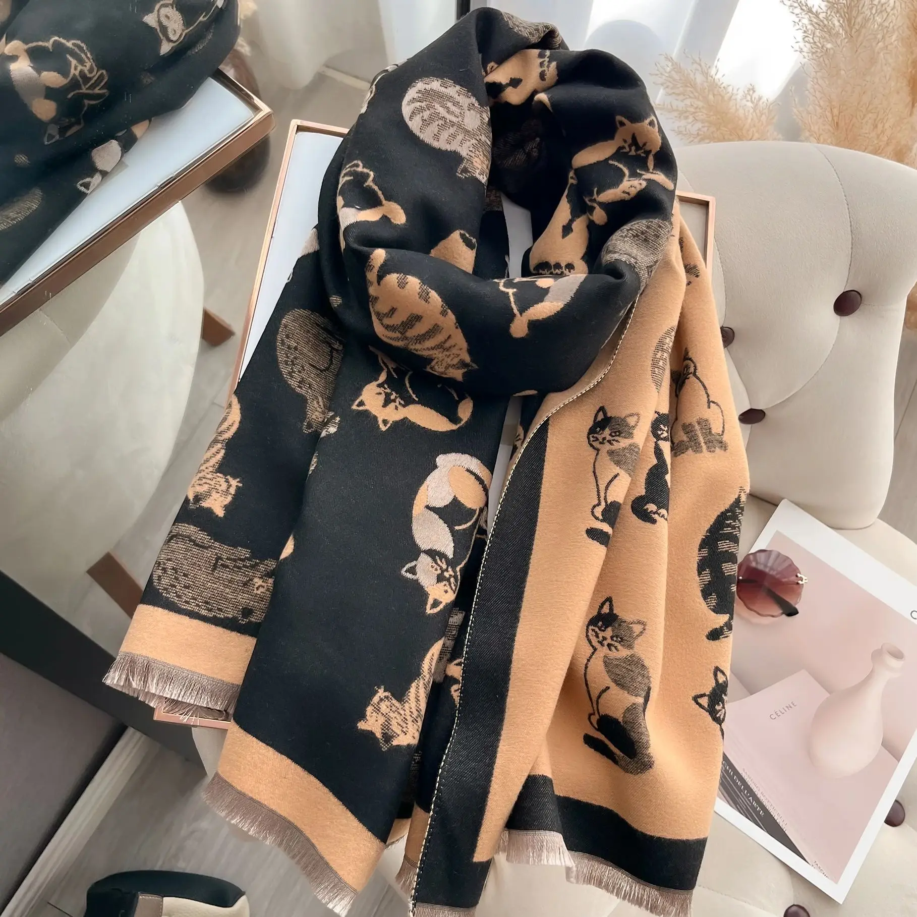 Latest Animal Jacquard Kitty Scarf Imitation Cashmere Soft Warm Fringe Shawl Autumn Winter Coldproof Windproof Blanket Scarf