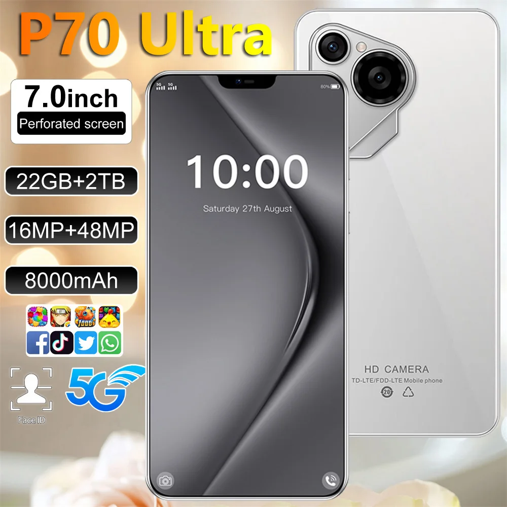 

P70 Ultra Android 7.0inch Global Edition Original Smart Cheap 8000mAh Battery 22GB+2TB 5G Dual Card Facial Recognition Function