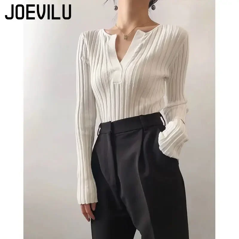 JOEVILU Knitted Sweater V-neck Bottom Top Women\'s Thin Outfit Pullover Korean Fashion Y2k Clothes Babes Goth Black Skinny Jumper