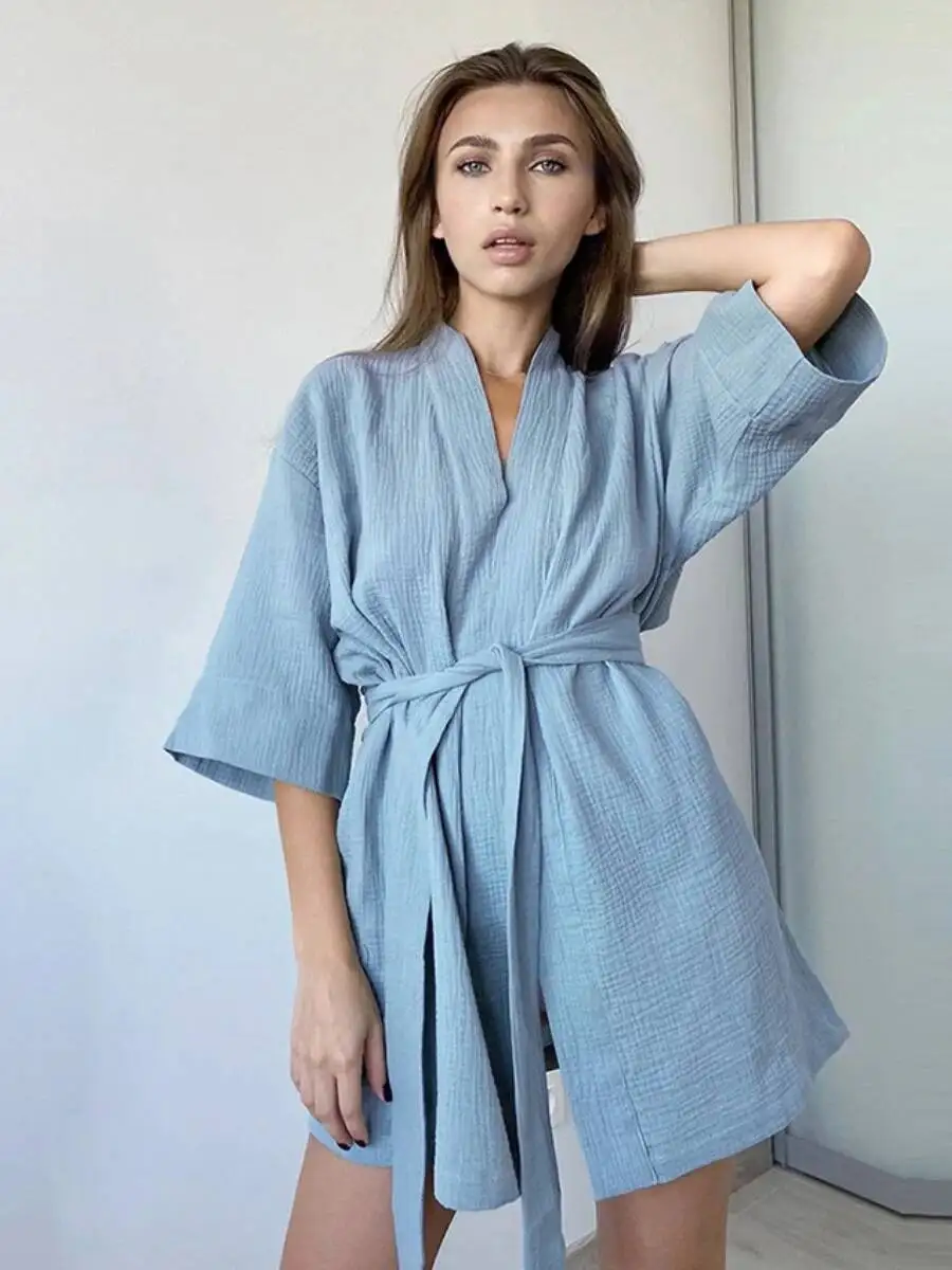 

Новая женская хлопковая пижама с коротким рукавом, однотонная, свободный халат, повседневная ночная рубашка