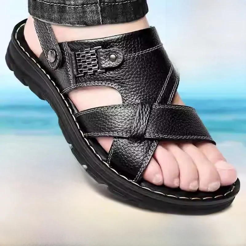 Summer New Men's Casual Sandals Soft Bot Anti-slip Waterproof Outdoor Slip-On Driving oes Leather Splicing Punk Sle