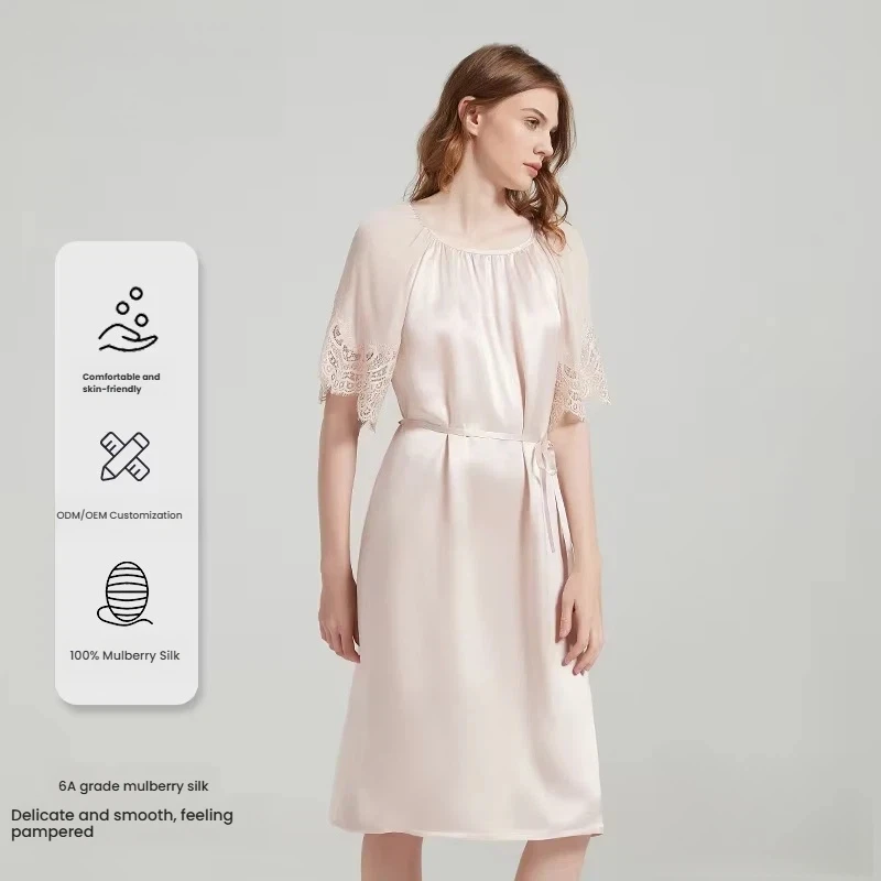 

Luxury 100% Pure Mulberry Silk Nightgown Women Elegant French Style Lace Splicing Pajamas Tie Waist Sleepwear Pullover Homewear