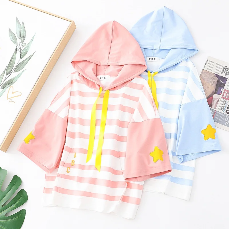 Summer New Sweetheart Academy Stripe Letter Embroidery Contrast Hooded Short Sleeve Top Pullover Blue Pink Women's Wear