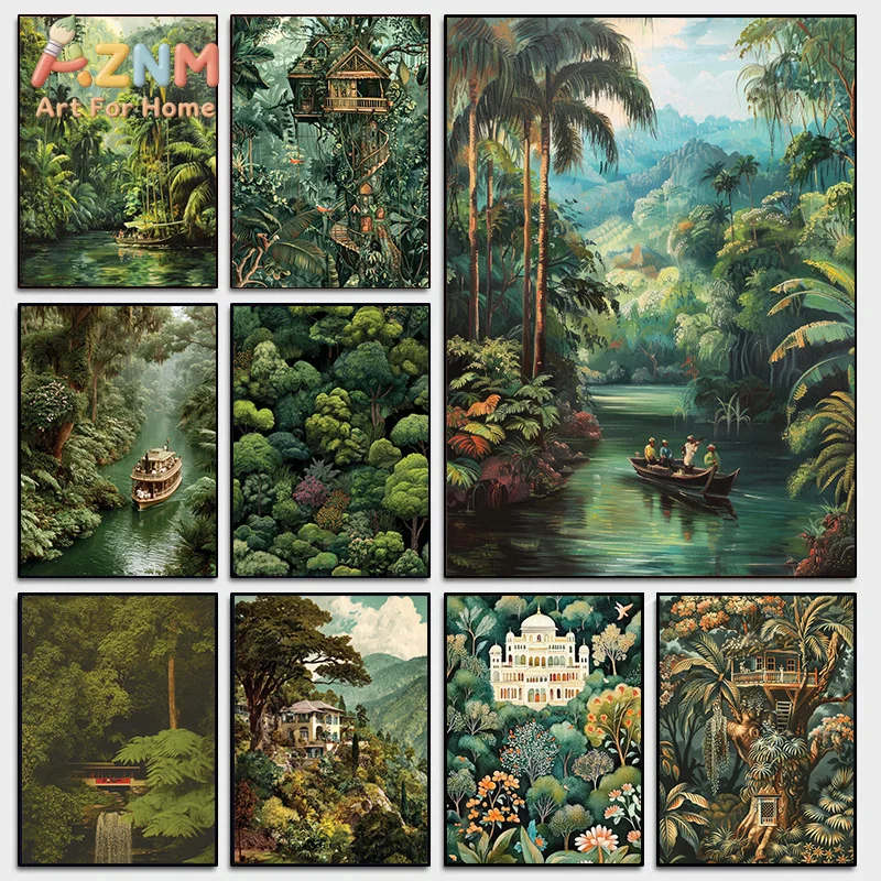 Vintage Botanical Jungle River Tropical Rainforest Exotic Nature Landscape Poster Canvas Painting Wall Art Pictures Home Decor