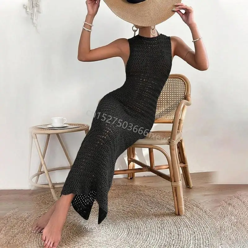 Women Beach Dress Hollow Out Dress Brick Bress Bust Cover Up Olcyfleess Dress Swimsuit Cover Up Long Fress for Beachwear R9CE