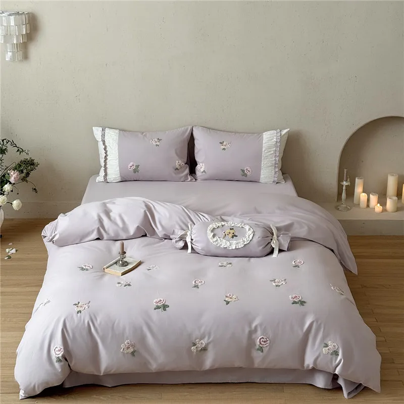

Purple Flowers Towel Embroidery Egyptian Cotton Bedding Set, Duvet Cover, Linen Fitted Sheet, Pillowcases, Home Textile