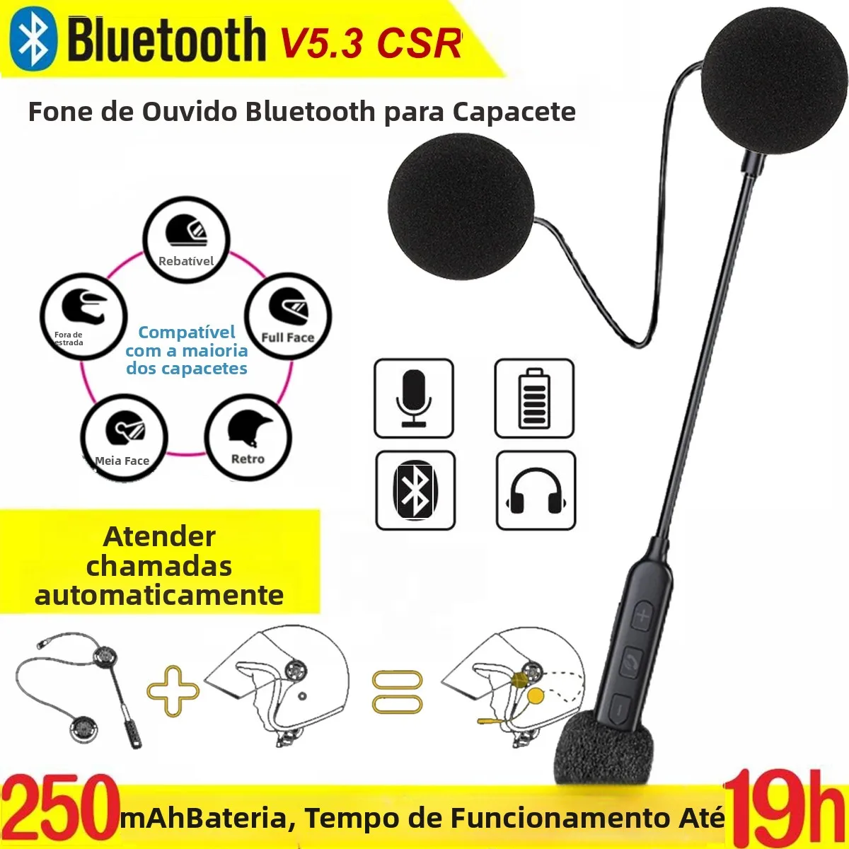 Fone de Ouvido Bluetooth BT30 para Capacete de Moto, Headset Sem Fio BT5.3 para Pilotagem, Fone de Ouvido Anti-interferência para Motocicleta, Mãos Livres para Esqui