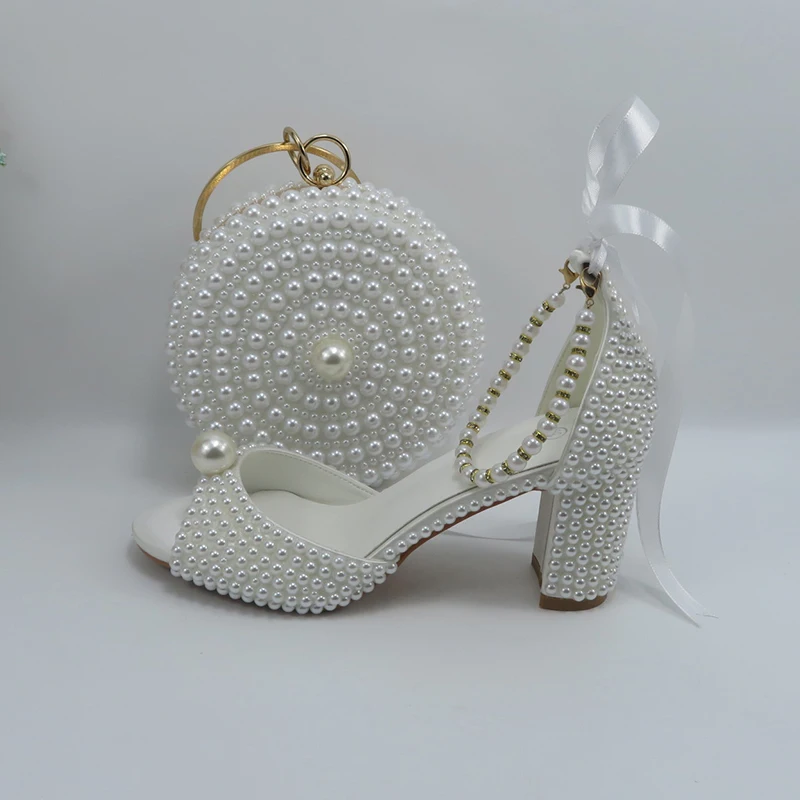 2024 New Customized White Women's Sandals Bridal Shoe Bag Set Women's Coarse Heel Big Pearl Women's Fashion Sandals Party Shoes