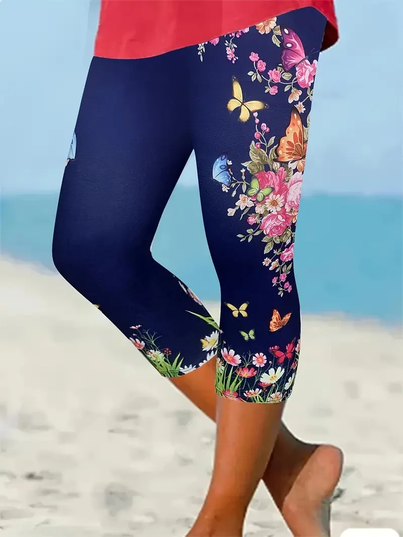 Floral print stretch slim elastic waist tight casual leggings capri pants for women