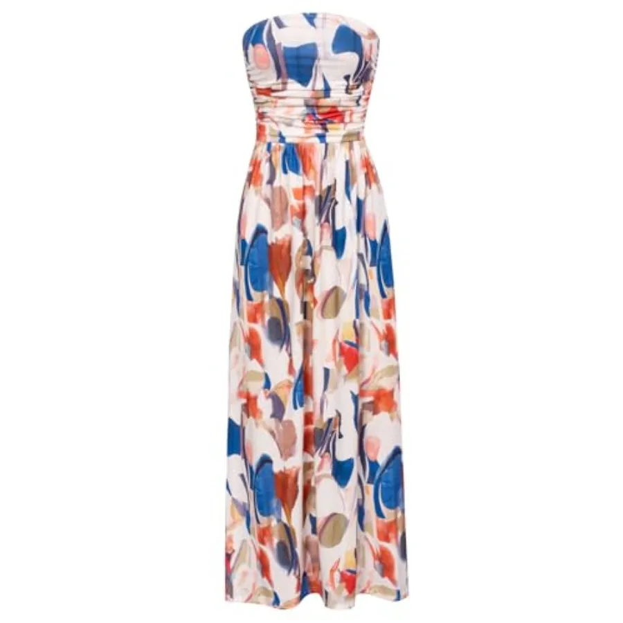 Women Strapless Dress Casual Loose Ruched Long Maxi Dress with Pockets