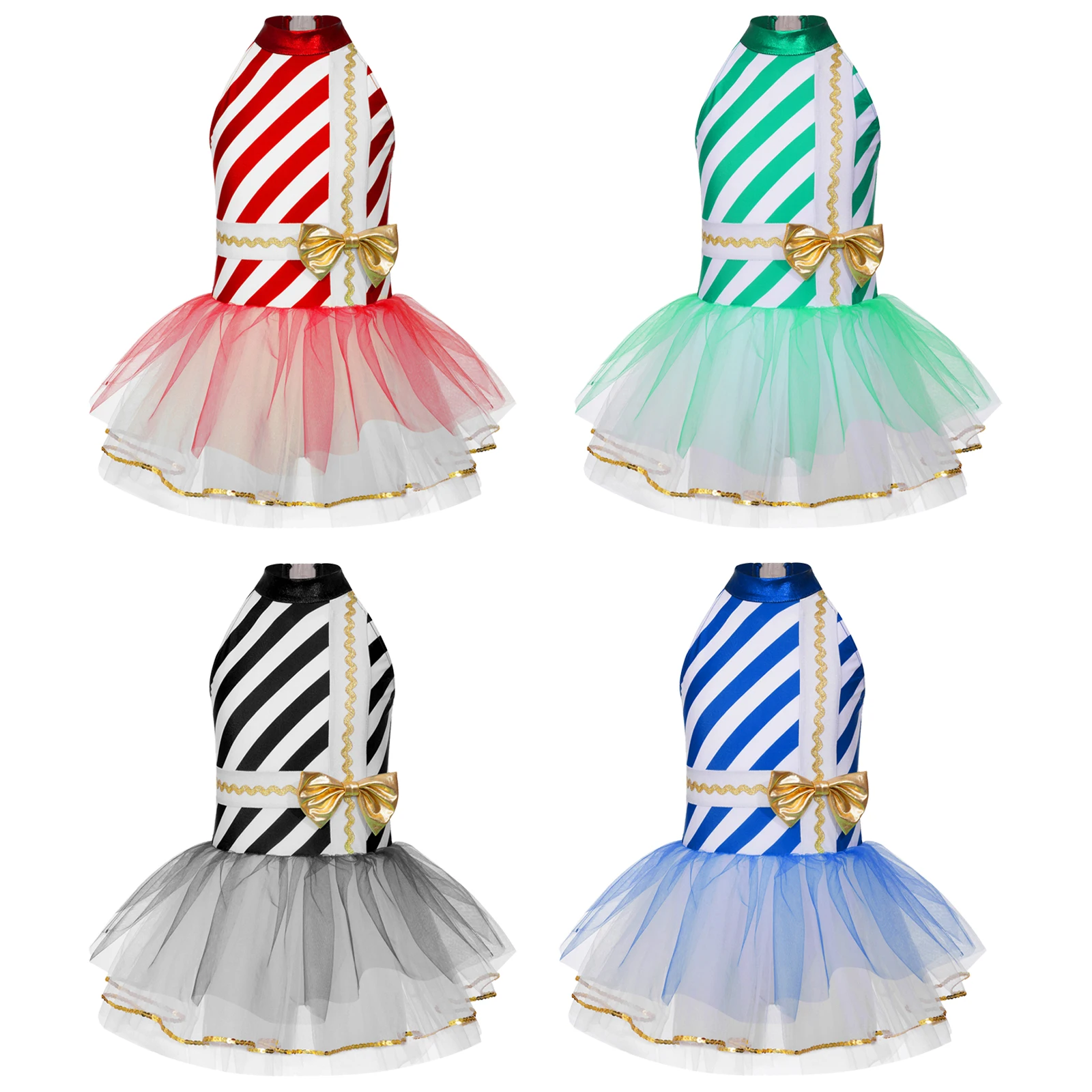 Kids Girls Christmas Candy Cane Costume Sequins Striped Ballet Gymnastics Leotard Tutu Dress Figure Ice Skating Xmas Dancewear