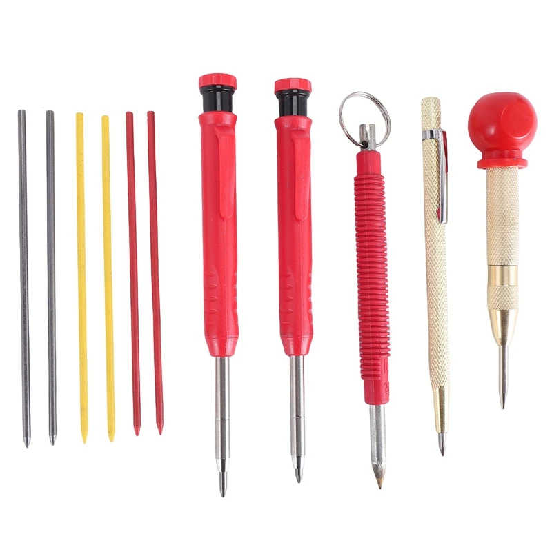 HOT SALE 2 Solid Carpenter Pencils With 6 Refill Red Yellow Black, 2 Carbide Scriber Tools And Automatic Center Punch Tool Marke