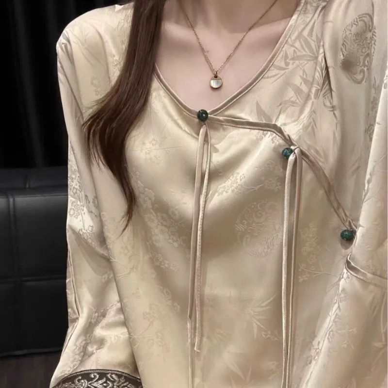 

26 Spring Summer Smooth Luxury Chinese Style Gold New Ice Silk Pajamas Women Lobg Sleeve Pants 2piece Set Nightgown Sleepwear