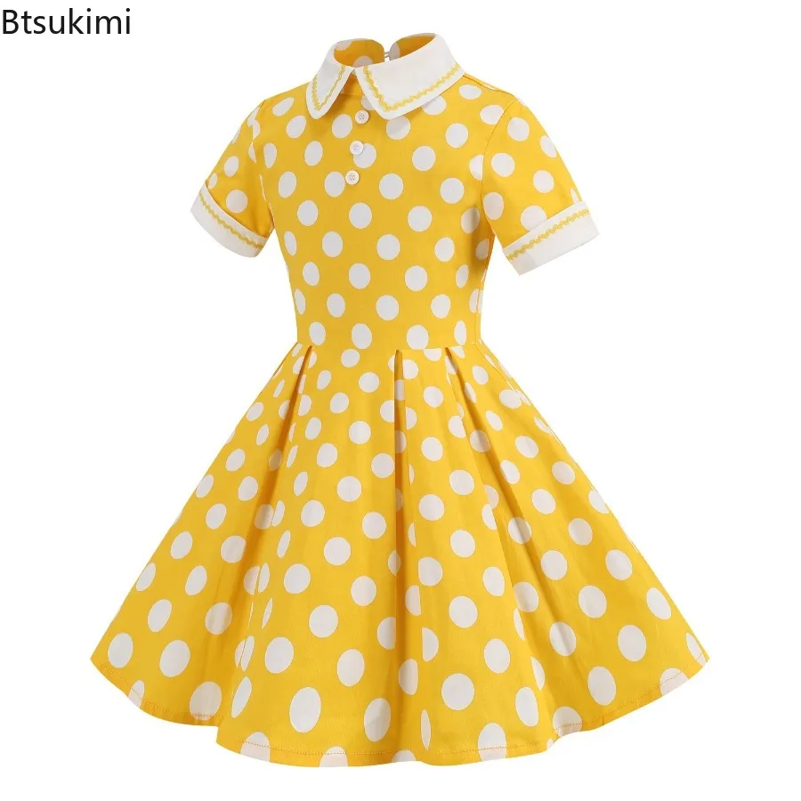2025 Vintage stijl kindermeisje stippen dagelijkse verjaardagsjurk zomer kraagvorm korte mouwen swing prinsessenjurk