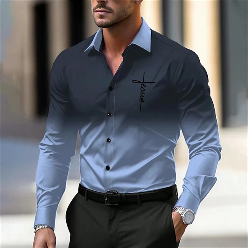 

Autumn 3D Gradient Letters Print Men's Long Sleeve Shirt Outdoor Daily Street Fashion New Turn-down Collar Buttoned Men Clothing