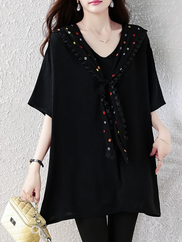 Authentic Women's Casual Versatile Meat Concealing Slimming Fashionable Shoulder Shawl Splicing Top Summer Polyester Fiber
