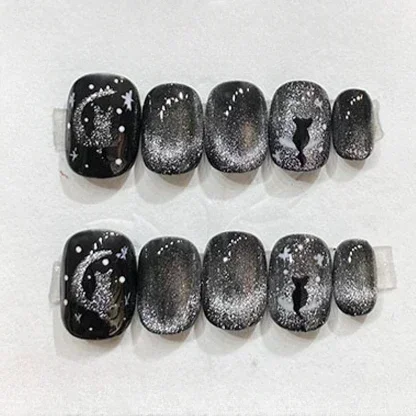 Imprensa Handmade curto Em Unhas, Cobertura Completa, Olho De Gato Bonito, Glitter Dos Desenhos Animados, Ballet Unhas Falsas, Wearable Manicure Nail Tips, 10Pcs