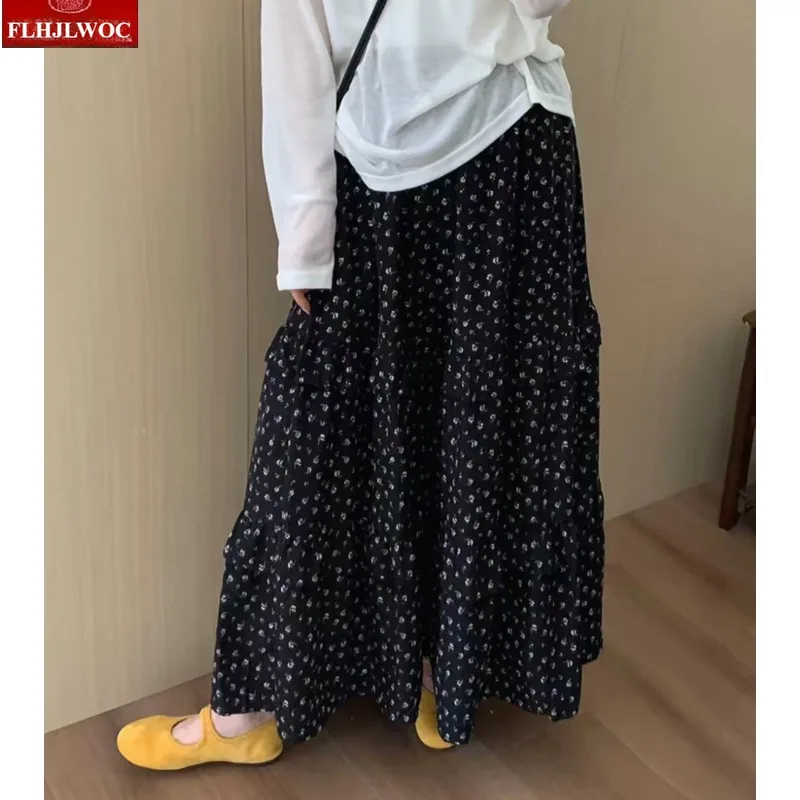 Cotton Blends Skirts Art Mori Girls Cute Sweet Japanese Style FLHJLWOC Casual High Waist A Line Ruffles Black Retro Long Skirt