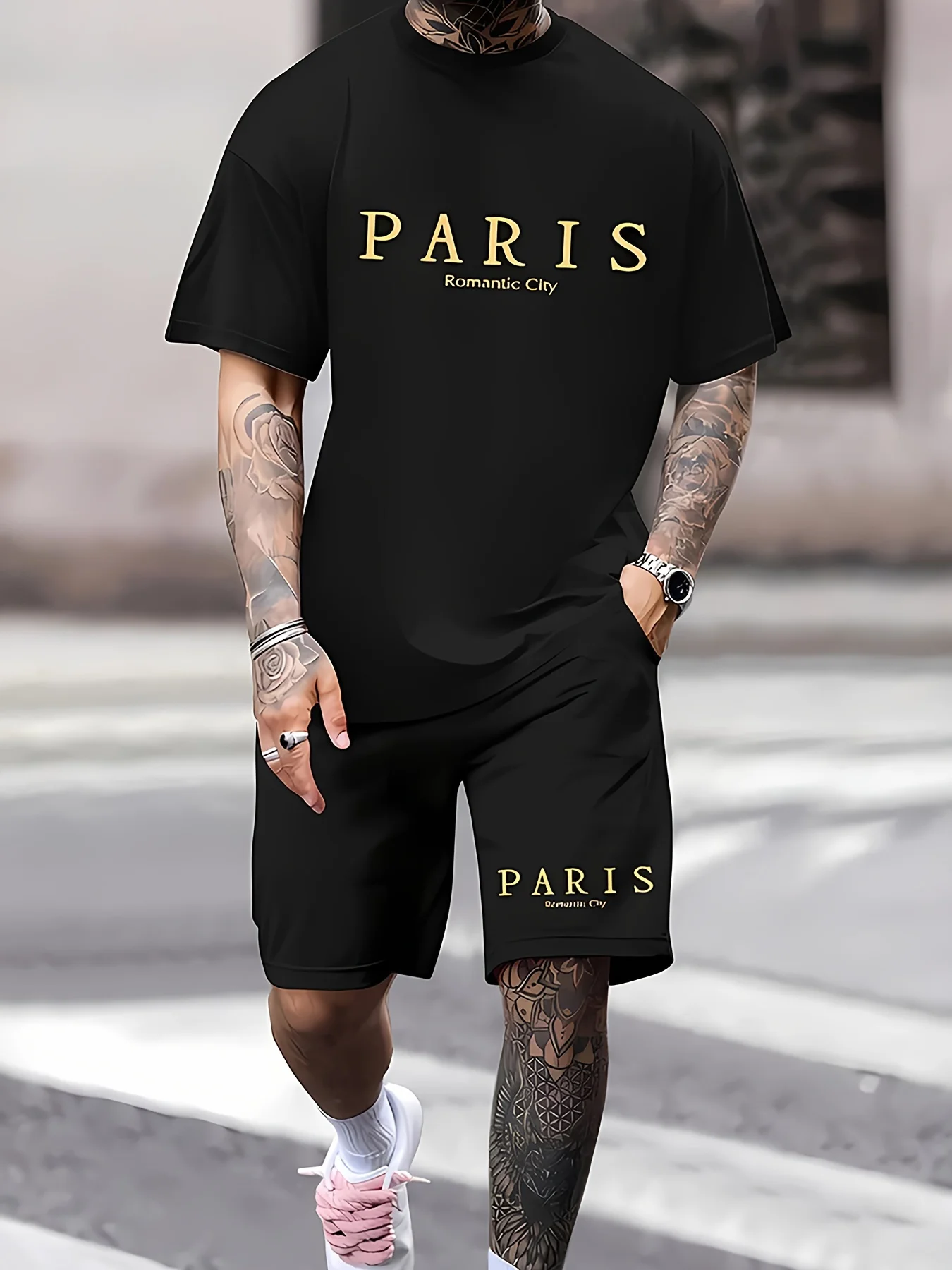 

European and American men's summer new Paris letter printed breathable round neck T-shirt shorts set outdoor casual wear
