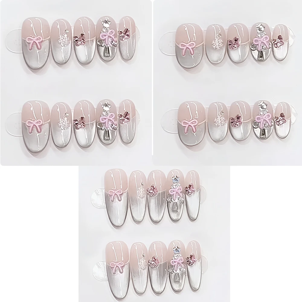 

10pcs/bag Christmas Snowflake Silver French Pink Bowknot Handmade Press On Nails Short Medium Long Oval Detachable False Nails