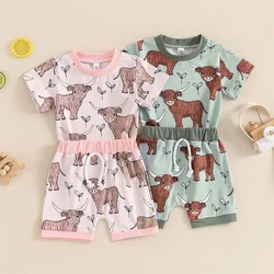 2024-04-03 Lioraitiin Toddler Boys Girls Summer Outfits Western Cow Print Short Sleeve T-Shirts Tops and Shorts 2Pcs Clothes Set