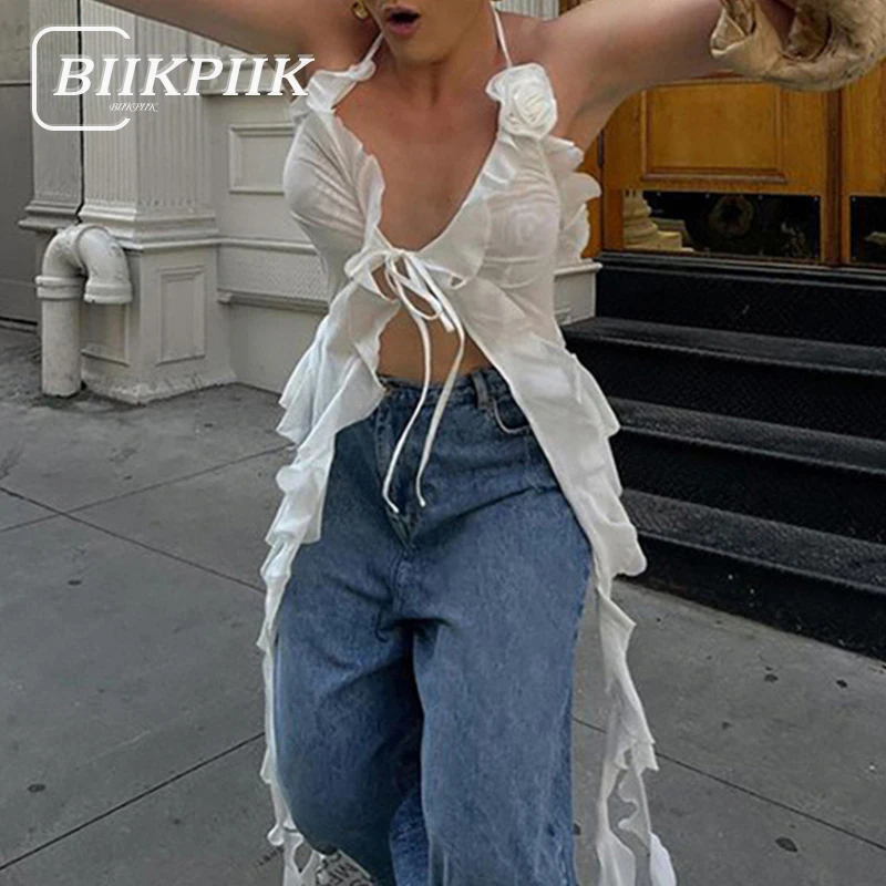 

BIIKPIIK Casual Ribbons Women Mesh Camisole Fairycore Ruffles Lace-up Long Tank Tops Sexy Elegant Vests All-match Summer Outfits