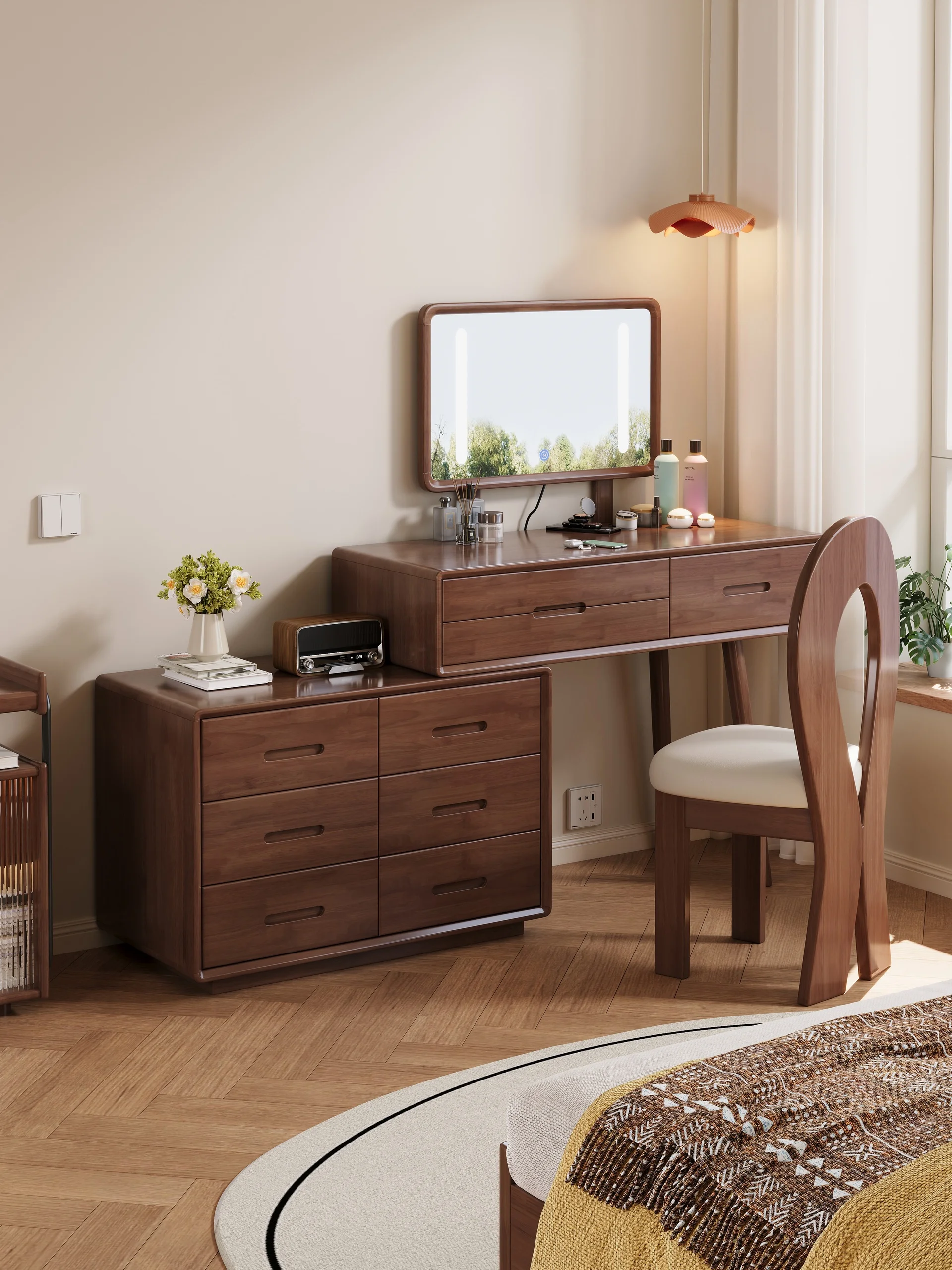 

￥%Solid Wood Folding Dresser Storage Cabinet All-in-One Modern Minimalist Bedroom Flip-Top Dressing Table with Lighted Mirror