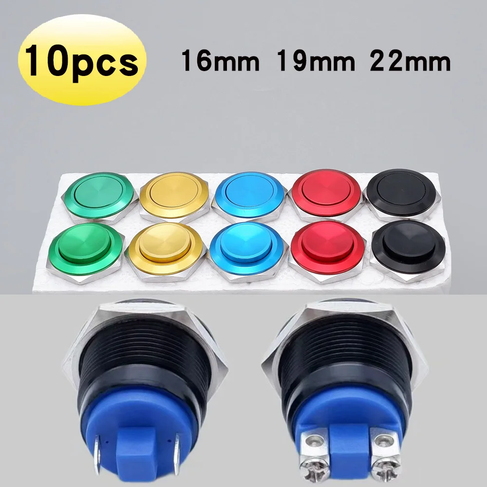 

10 шт., 16/19/22 мм, металлический кнопочный переключатель, мгновенный самосброс, 1НО переключатель для ПК, блок питания двигателя автомобиля, вкл. выкл., высокая плоская головка, красный, синий