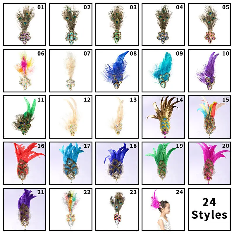 Copricapo lungo con piume di pavone per spettacoli di danza classica Fascia per capelli da principessa per ragazze Accessorio per feste in costume con copricapo flapper vintage