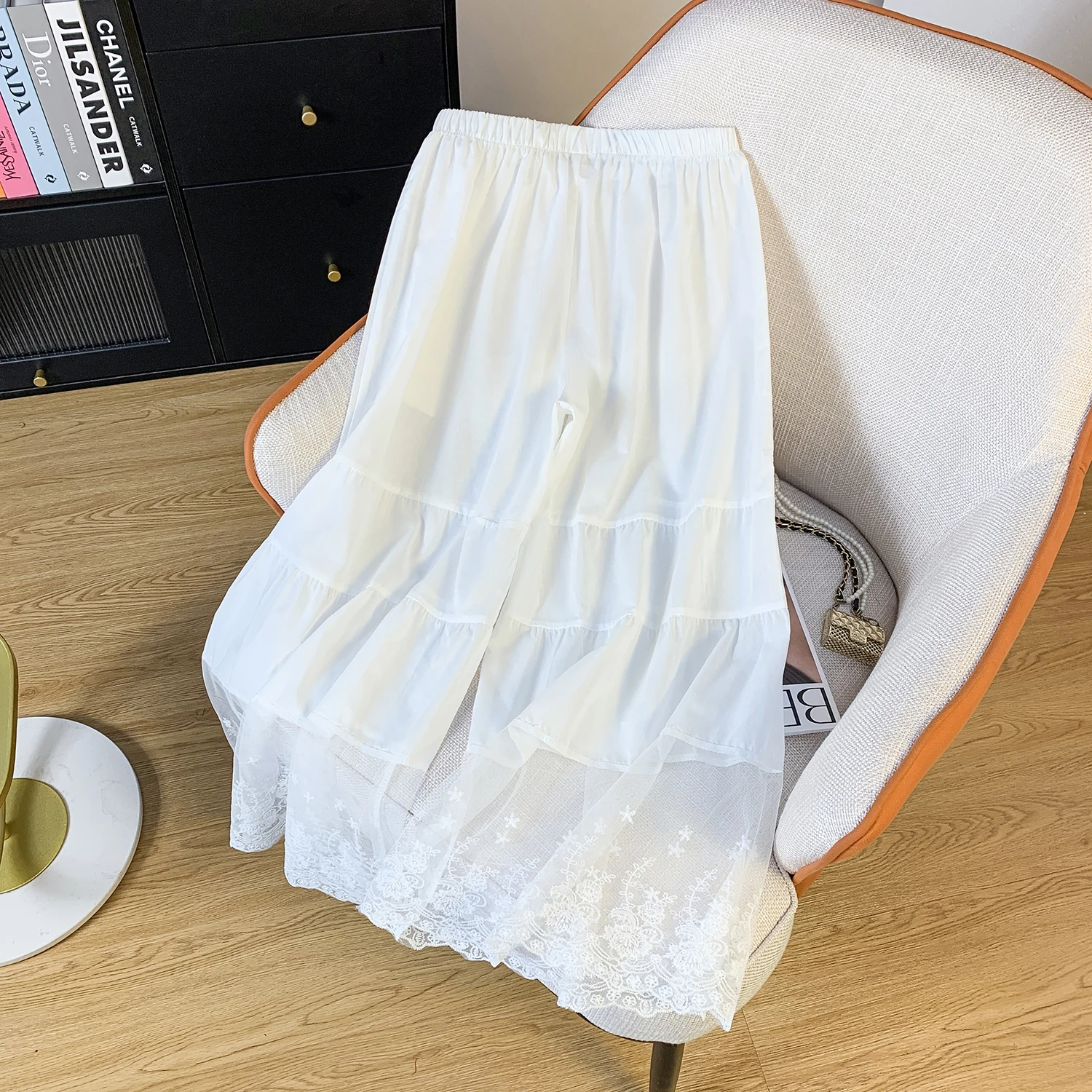 Lace Trim Base Layer Pants Loose Fit Multi-Layer Splicing Inner Wear Wide Leg Pants Spring Summer Thin Cotton Casual