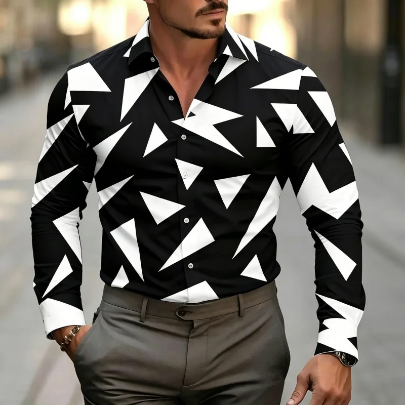Men's Geometric Triangle Print Dress Shirt Long Sleeve Button Down Casual Slim Fit Business Party Tops For Men