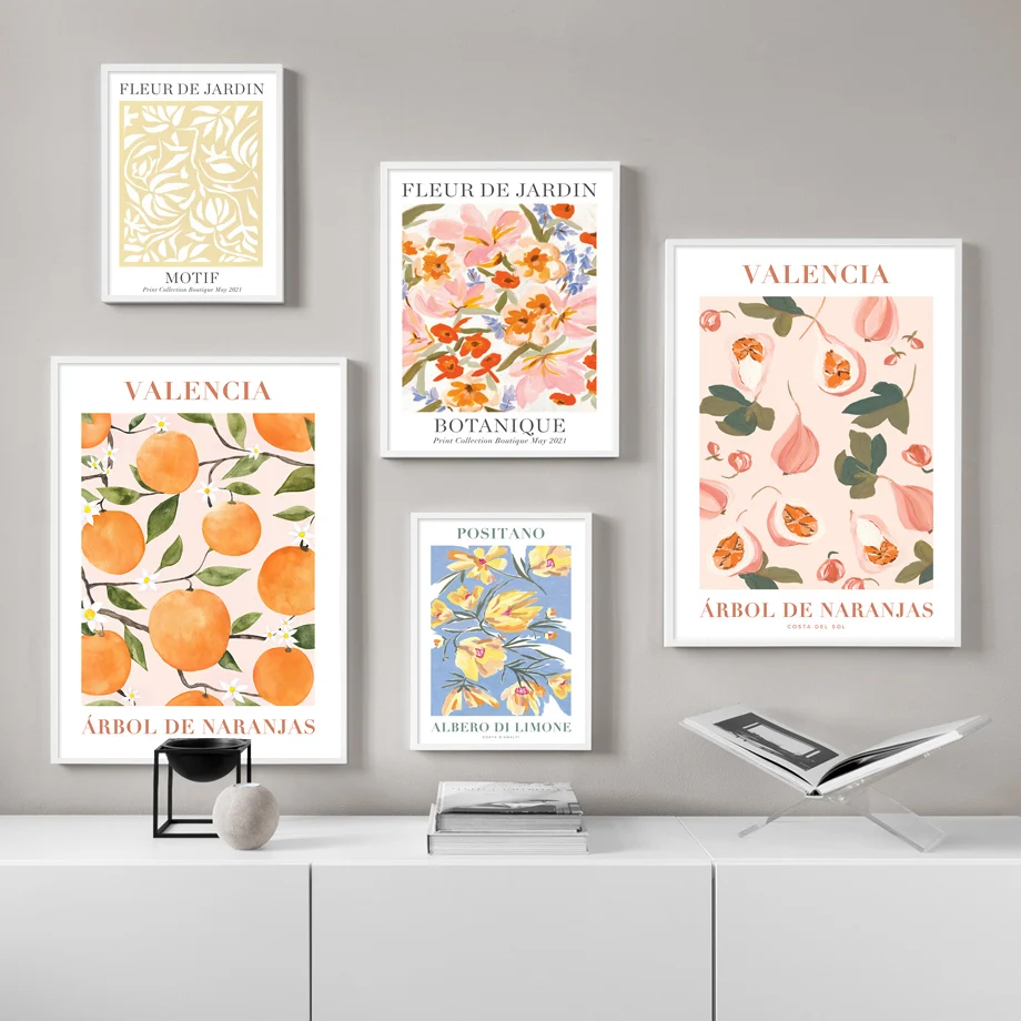 Póster Artístico en lienzo con estampado de hojas y flores de limón de Valencia, naranja, Positano, para decoración de la sala de estar, cuadro de pared del hogar
