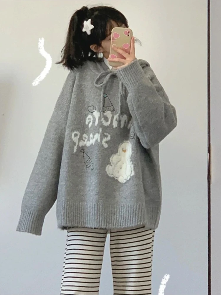 

Fashion Cute Sweaters Hooded Lace-up Cartoon Jacquard Pullovers Preppy Style Knit Tops 2025 Loose All Match Women's Clothing
